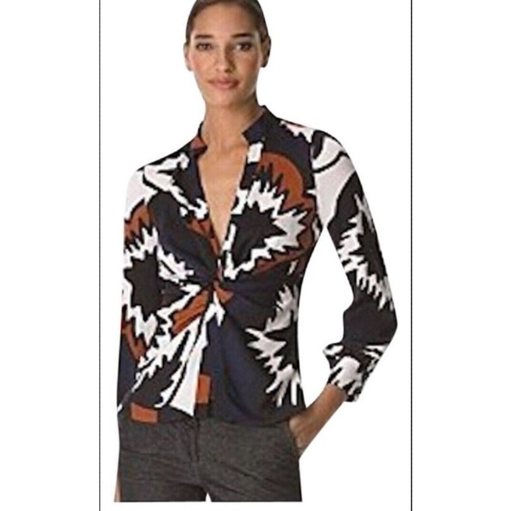 Vtg Diane Von Furstenberg Blouse Womens size 0 XS Twist Front Picasso Silk Shirt